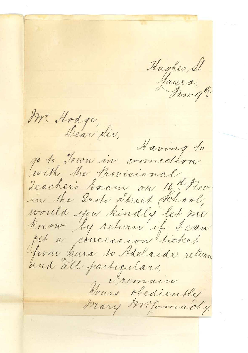 Miss Mary McConnachy - Laura - Concerning a concession ticket from Laura by railway