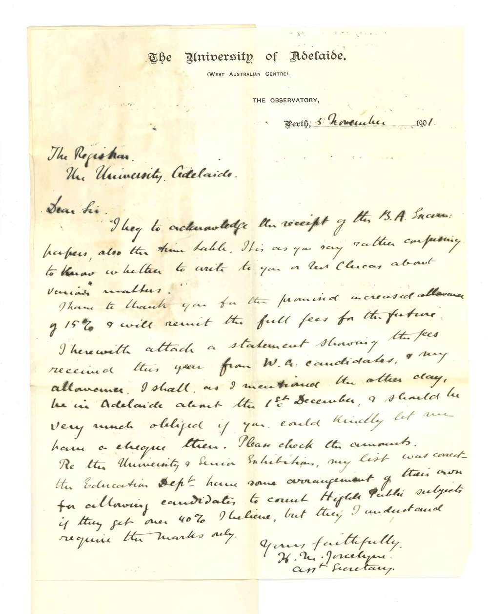 Henry Maurice Joscelyne - Perth - Acknowledging receipt of BA Exam Papers and increased allowance and Senior and University Exhibitions