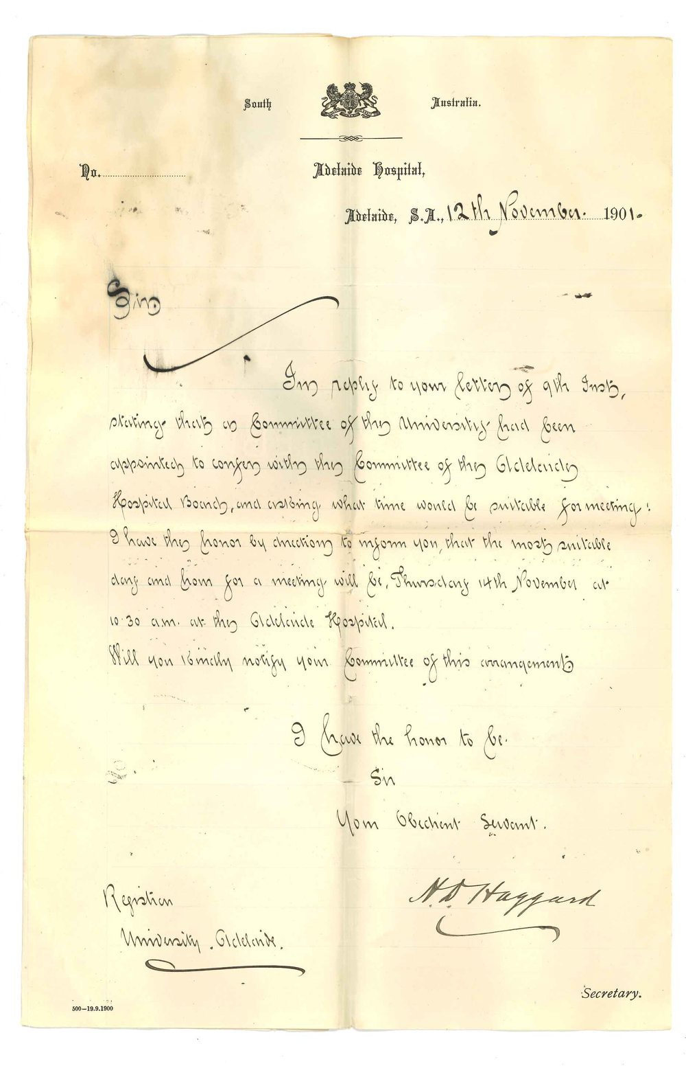 H D Haggard - Adelaide Hospital - Time that Committees of University and Hospital Board could hold Conference