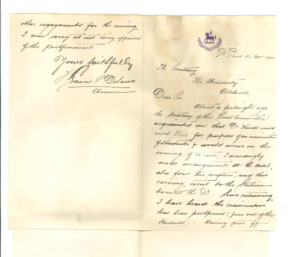 Francis S Delano - Port Pirie - Concerning postponement of Practice of Music Examination at Port Pirie