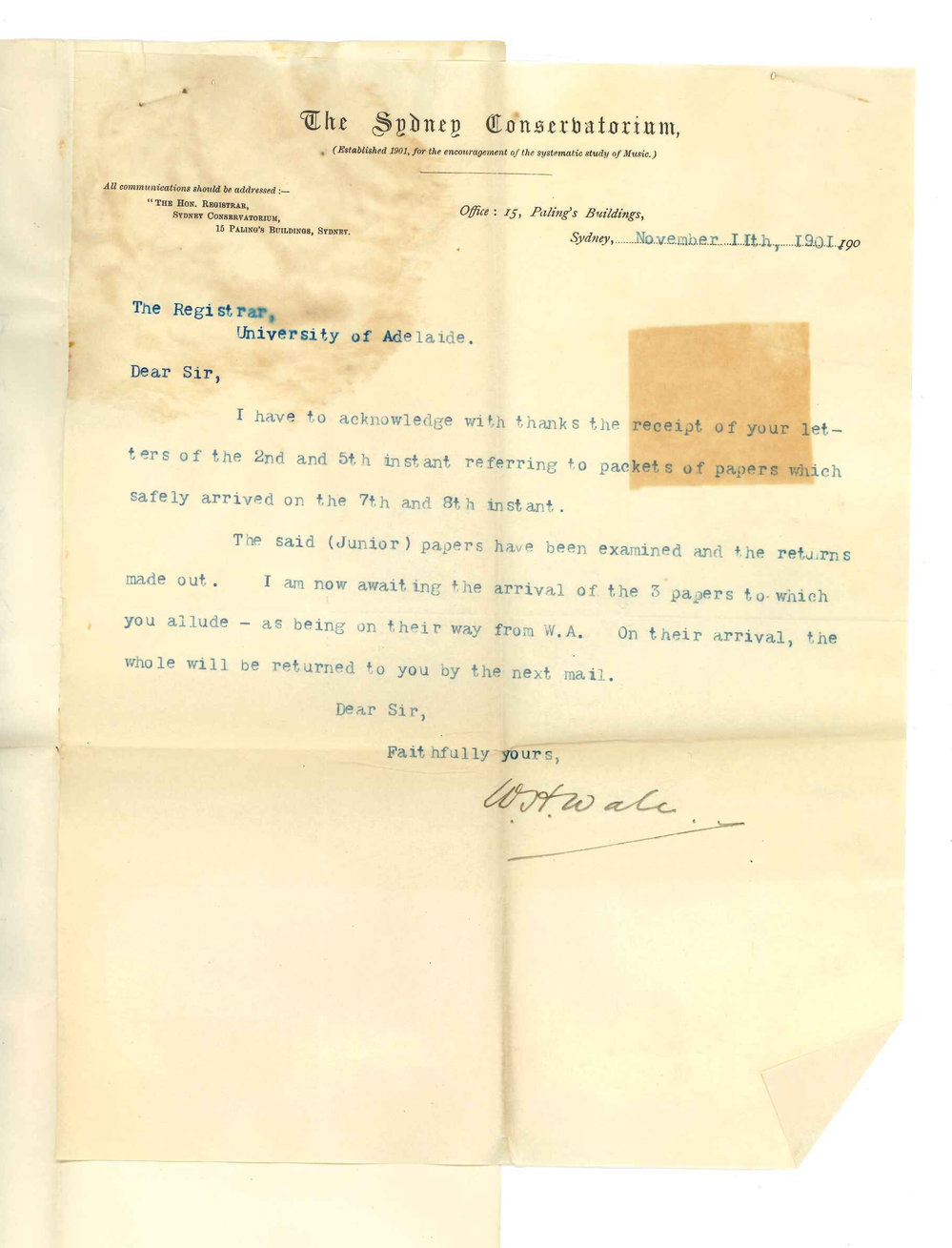 W H Wale - Sydney Conservatorium - Acknowledging receipt of Theory Examination Papers and will send results as soon as possible