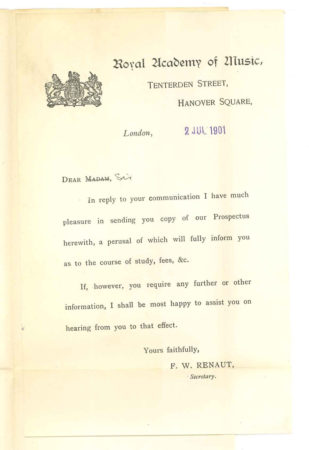 F W Renaut - Secretary - Royal Academy of Music - London - Forwarding copy of Prospectus