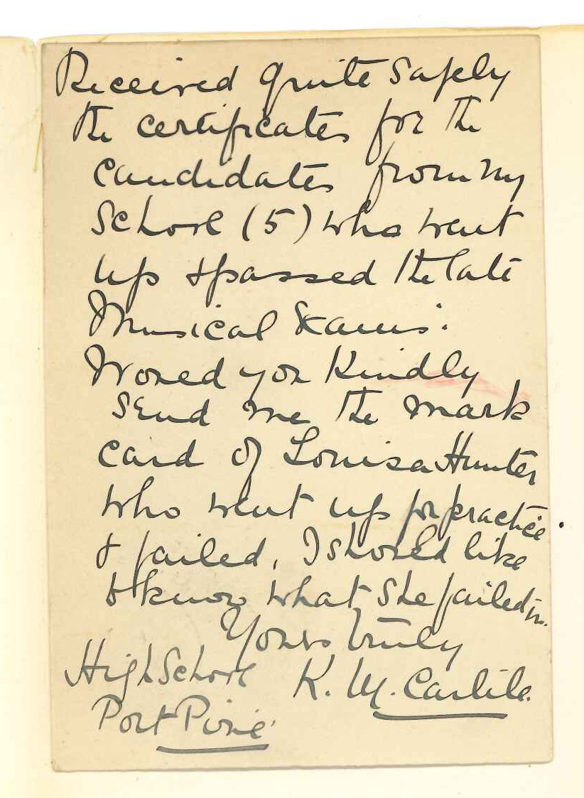 Miss K M Carlile - Port Pirie - Acknowledging receipt of certificates and cards of marks and requesting card of marks for Miss Hunter