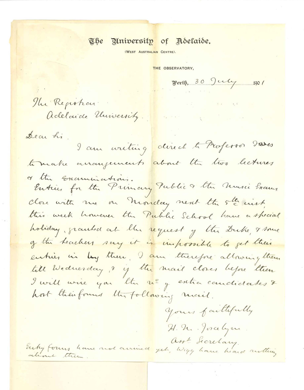 Henry Maurice Joscelyne - Perth - Postponement of last day of entry for Primary Public Examination in Perth