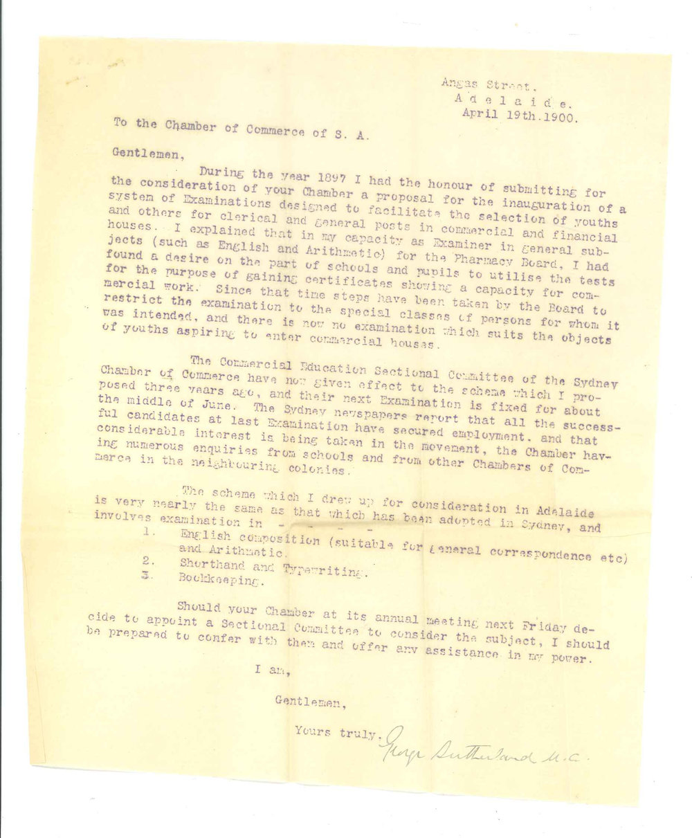 George Sutherland [MA] to the Vice-Chancellor - Adelaide - Concerning Faculty of Commerce