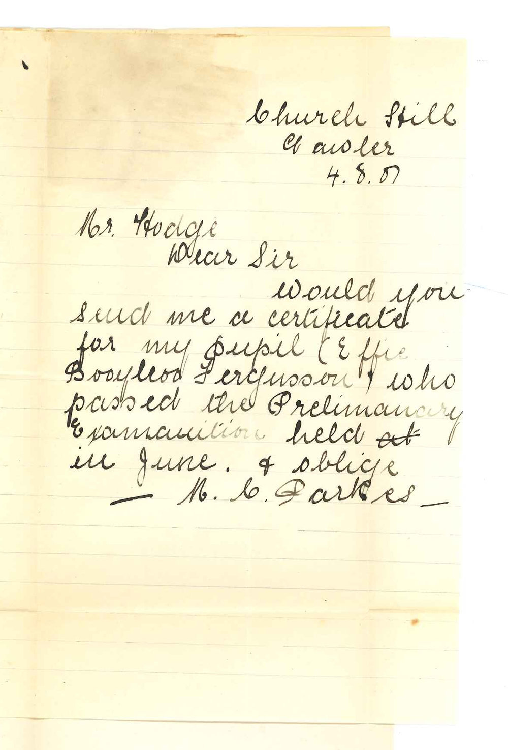 Miss M C Parkes - Gawler - requesting Certificate for Effie Booylroo Fergusson