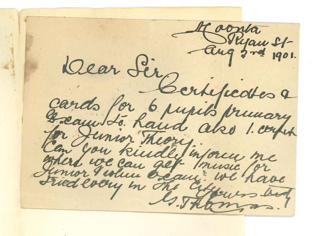 Miss Genevieve Thomas - Moonta - Acknowledging receipt of certificates - Concerning music for examinations