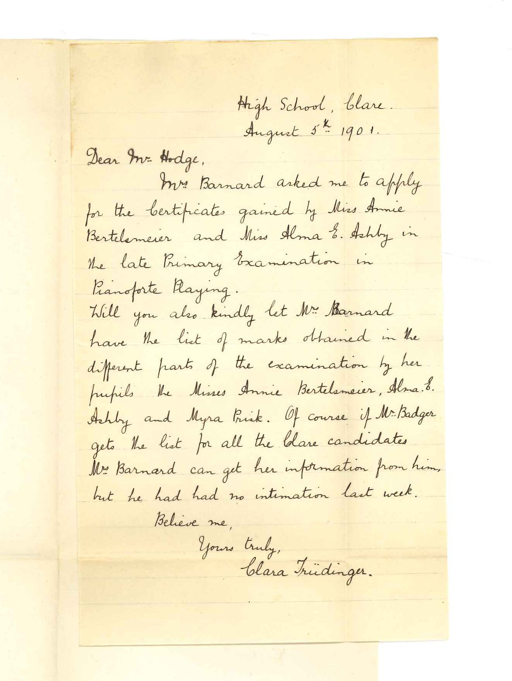 Miss Clara Trudinger - Clare - Requesting certificates and cards of marks for Primary Music Examinations