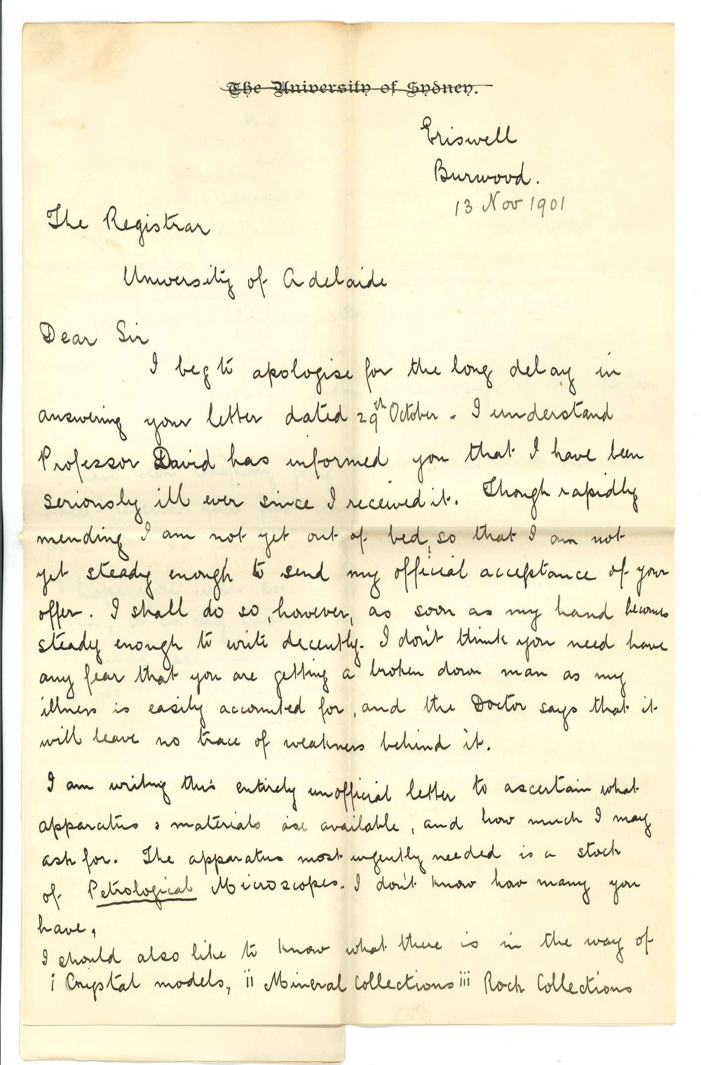 Walter George Woolnough - Sydney - Accepts position Lecturer on Mineralogy etc