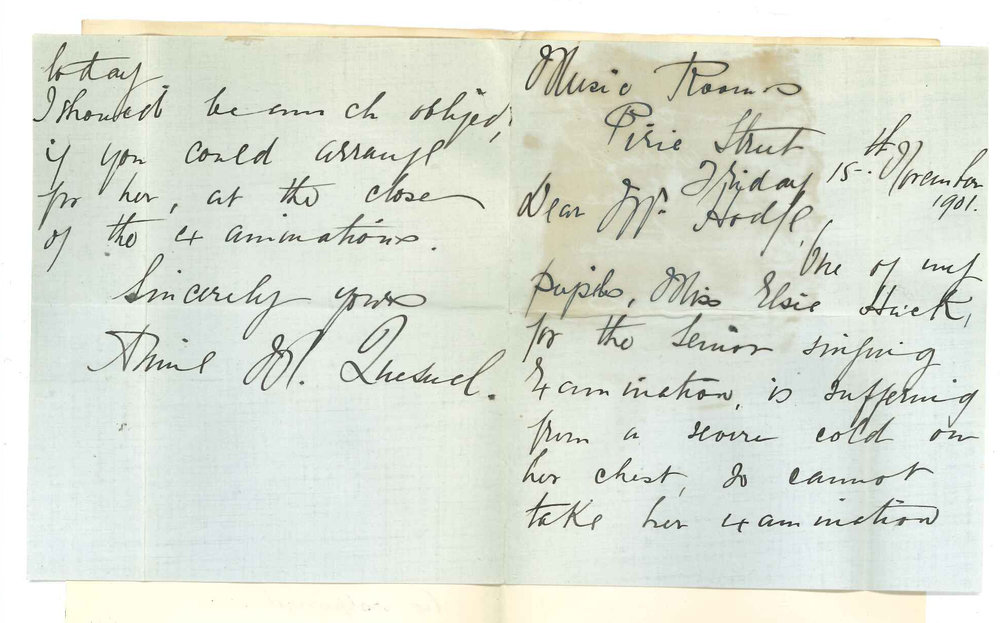 Mrs Annie M Quesnel - Adelaide - Asking if Miss E Hack Exam in the Practice of Music could be postponed