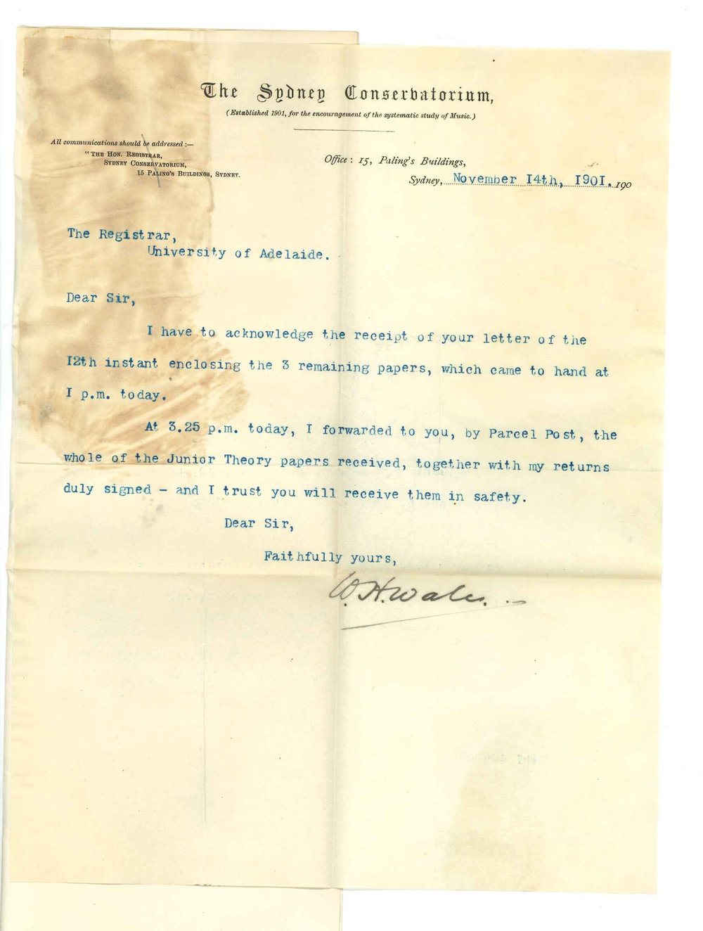 W H Wale - Sydney Conservatorium - Forwarding results for Junior Theory of Music Examination