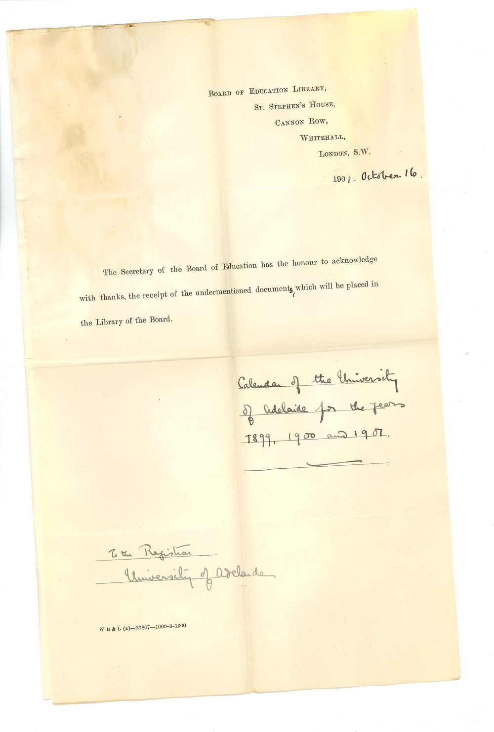 Board of Education Library - London - Acknowledging receipt of Calendars