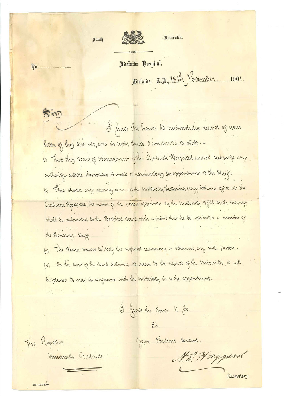 H D Haggard - Secretary - Adelaide Hospital - Concerning the nomination for appointment to the Staff
