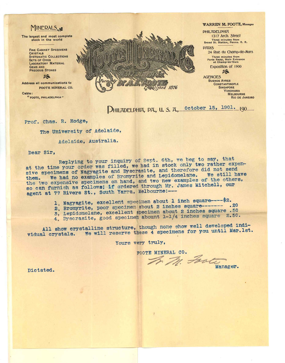 Foote Mineral Company - Philadelphia USA - Concerning specimens of Mineralogy