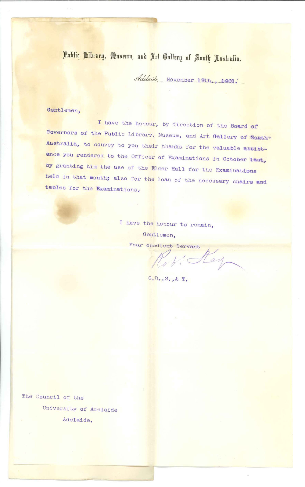 Robert Kay - Public Library Museum and Art Gallery of South Australia - Adelaide - Thanking Council for use of Elder Hall for Art Examinations