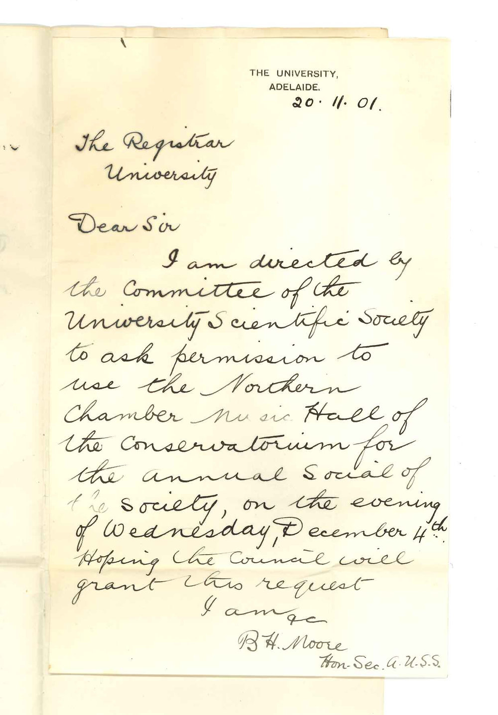 B H Moore - Adelaide University Scientific Society - Asking for use of a Hall in basement of Conservatorium for Annual Social of University Scientific Society