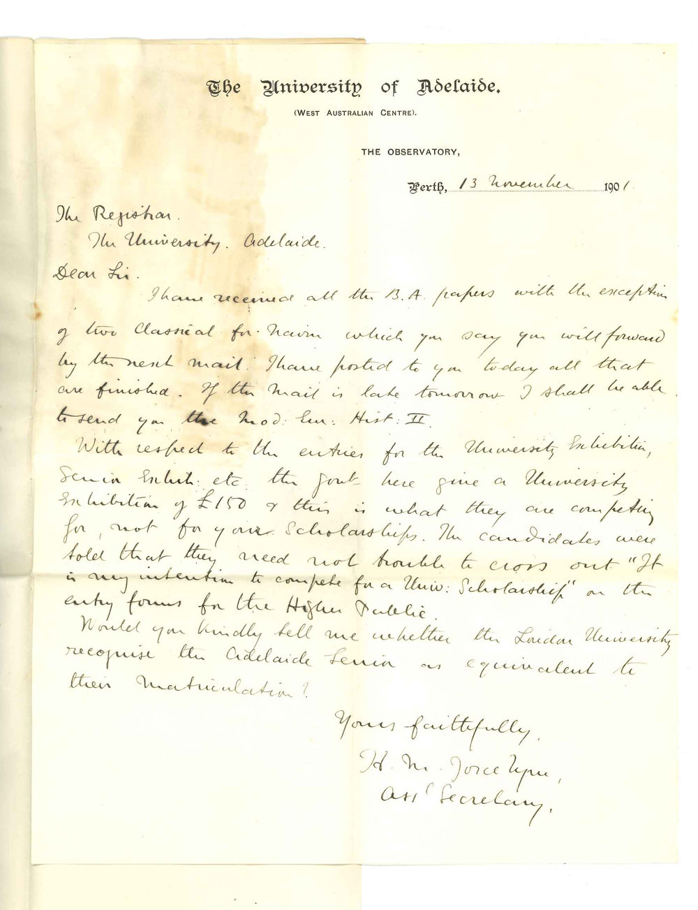 Henry Maurice Joscelyne BA - Perth - Acknowledging receipt of BA Exam Papers -  WA Exhibitions and Uni Scholarships - Does London University recognise Adelaide Senior Exam for Matriculation