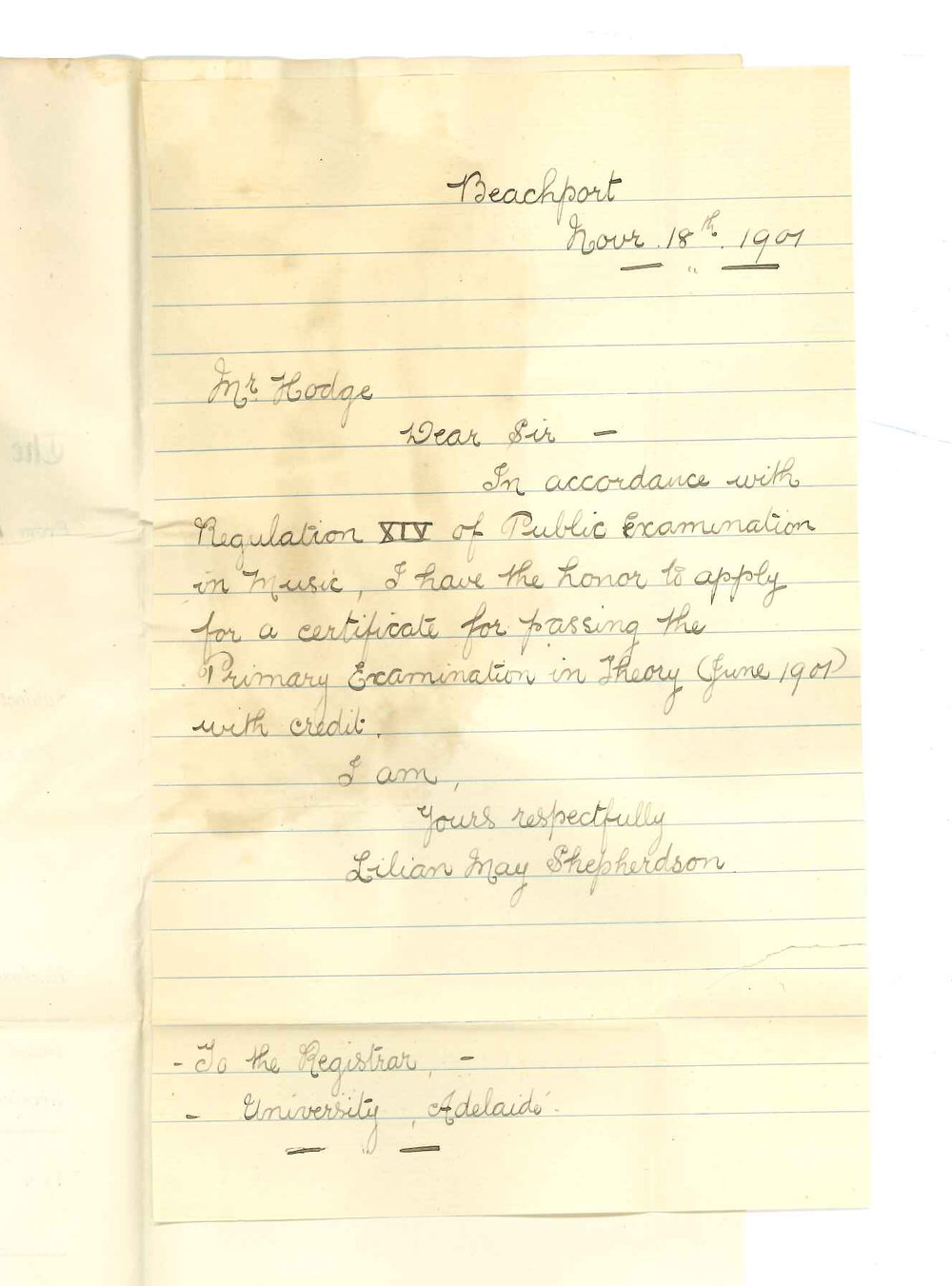 Miss Lilian May Shepherdson - Beachport - Requesting Primary Music Certificate