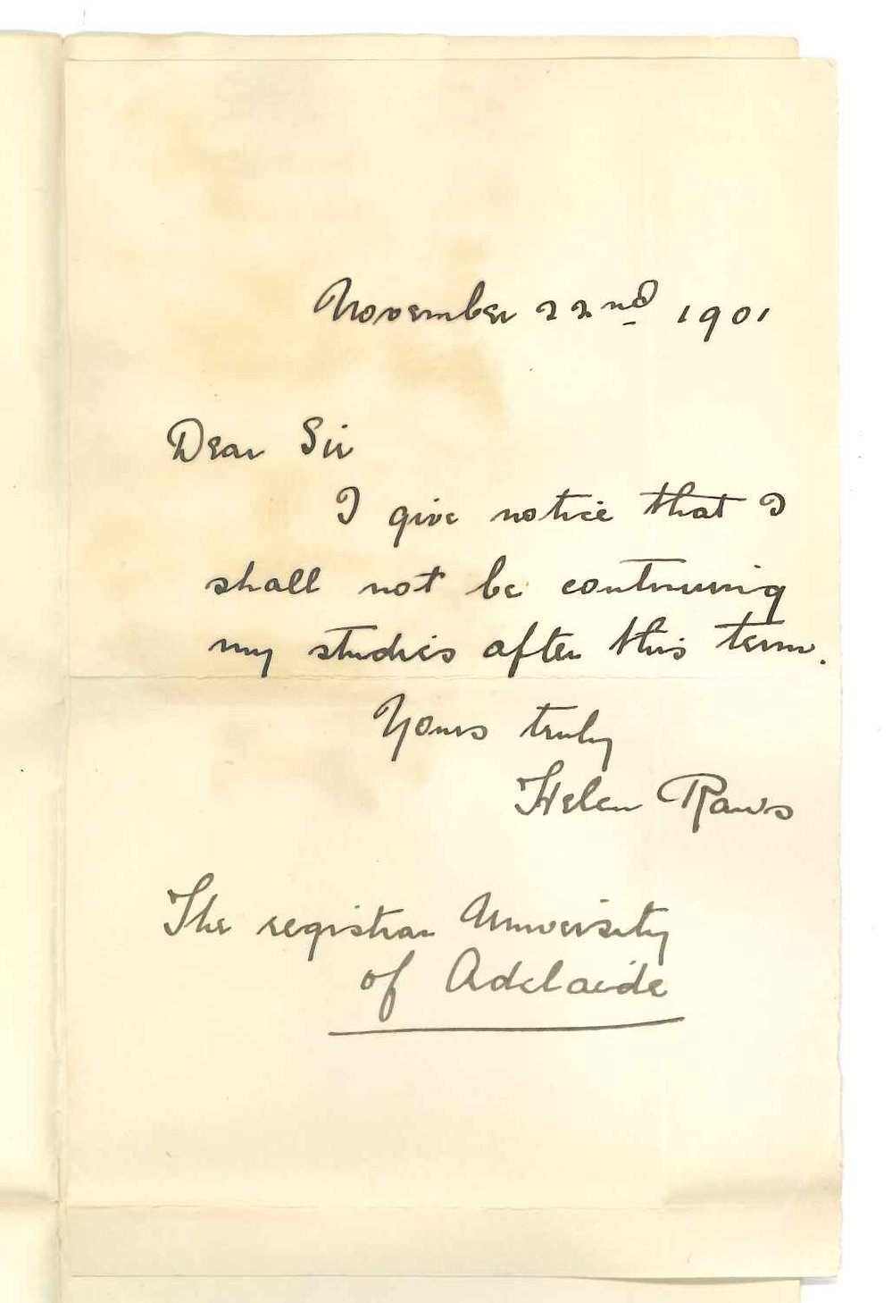 Miss Helen Raws - Adelaide - Discontinuing at the Conservatorium