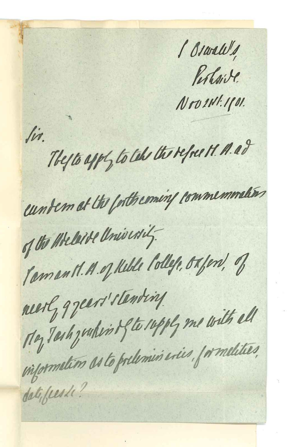 Reverend John Hussey MA - Parkside - Application for admission ad eundem gradum