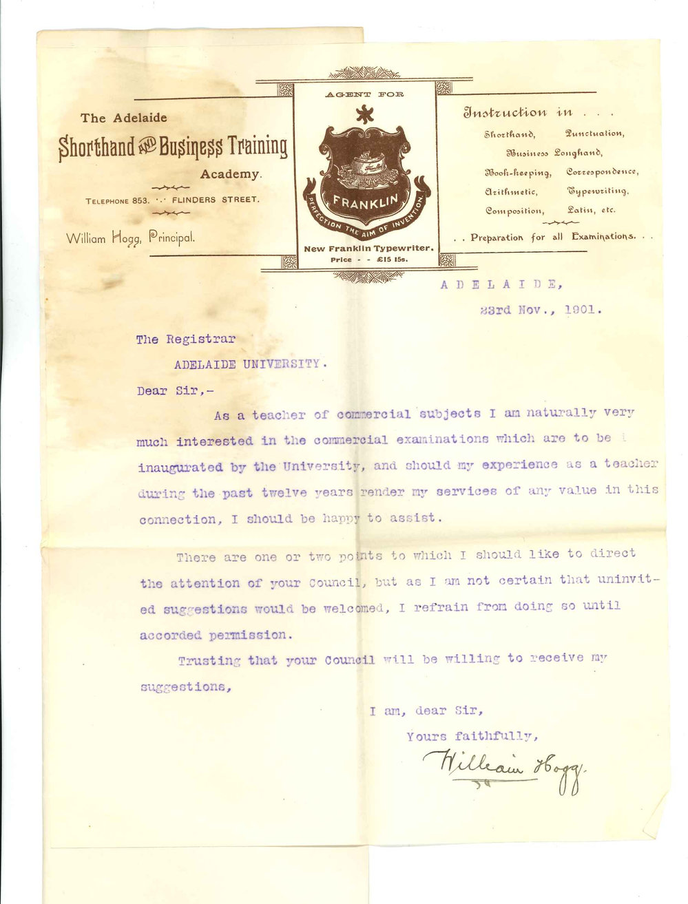 William Hogg - Adelaide - Offering to make suggestions regarding Exams in Commercial Subjects