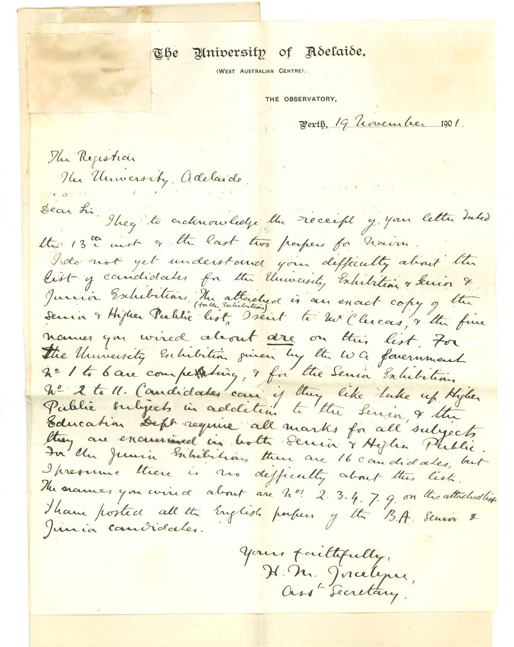 Henry Maurice Joscelyne - Perth - Concerning WA and University Exhibitions - Acknowledging receipt of two last BA Papers