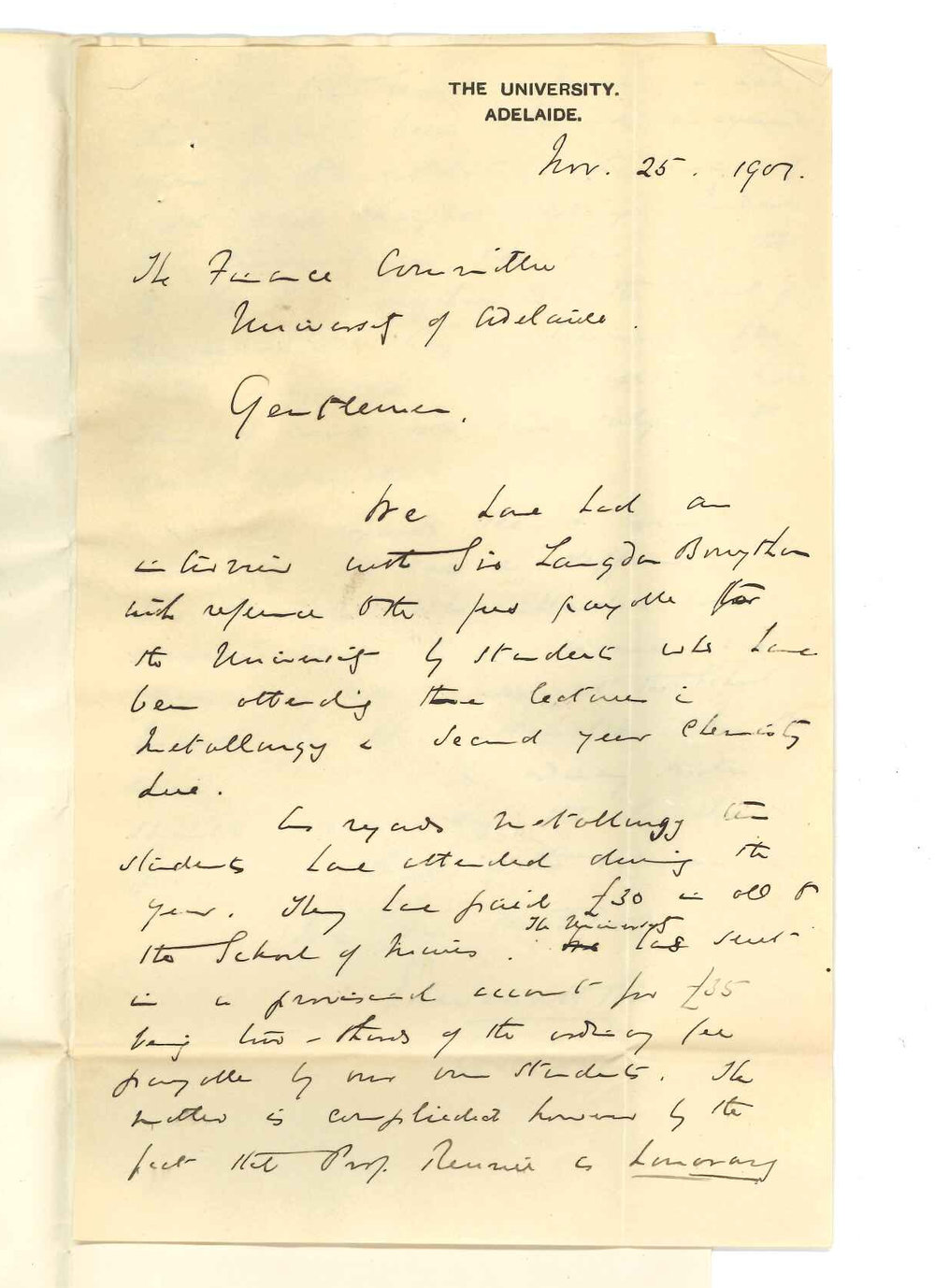 Professors Edward Henry Rennie and William Henry Bragg - Fees for Metallurgy and second year Chemistry payable by School of Mines Students