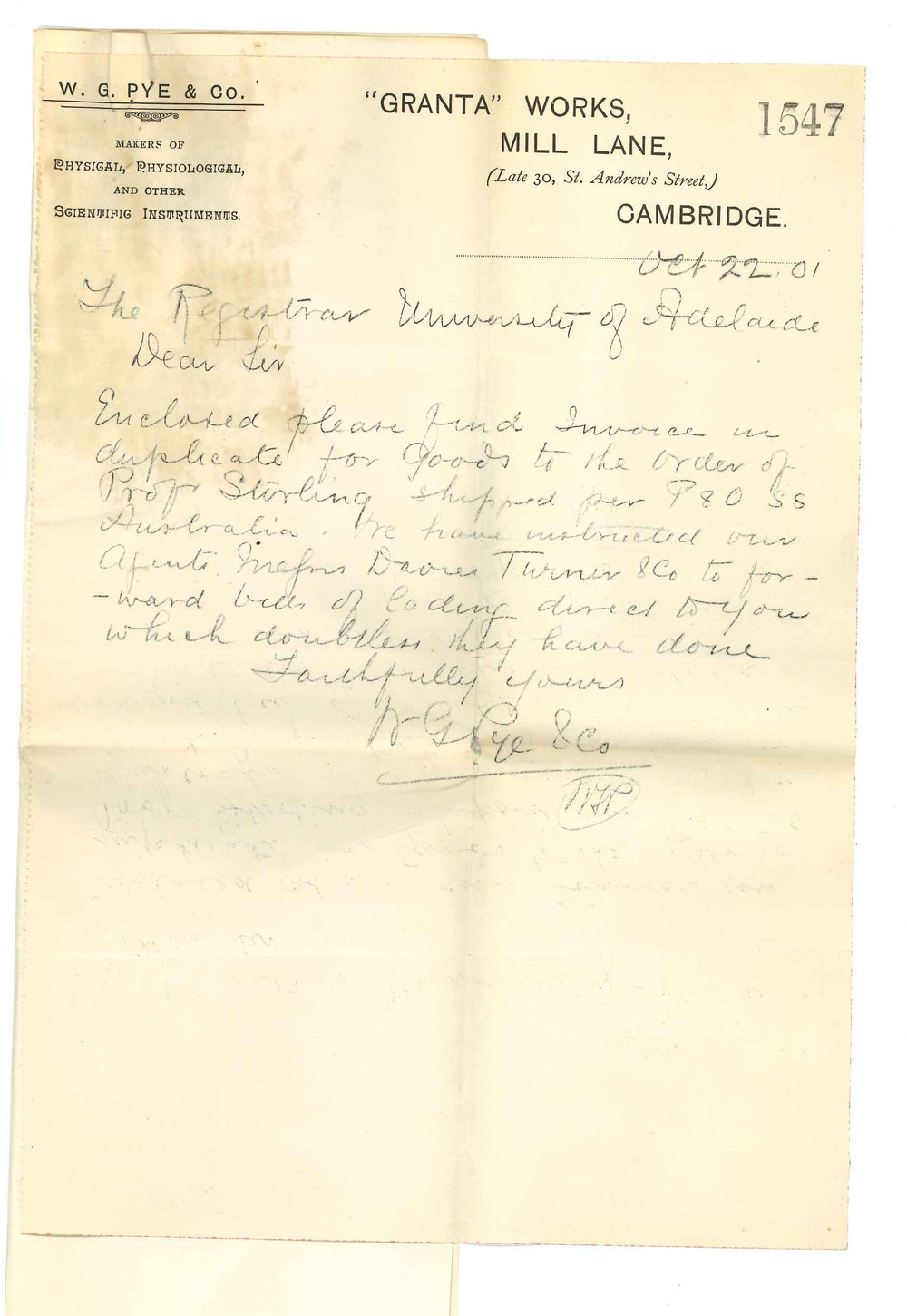 Messrs W G Pye and Company - Cambridge England - Forwarding account for apparatus ordered by Professor Stirling