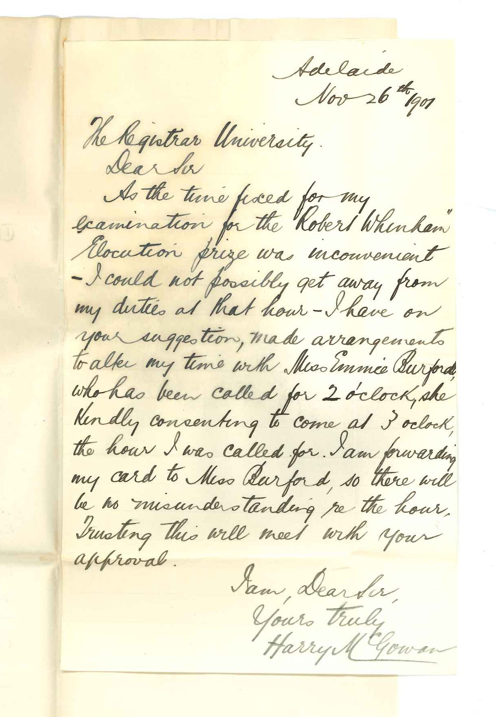 Harry McGowan - Adelaide - Concerning his time for Examination for the Elocution Prize