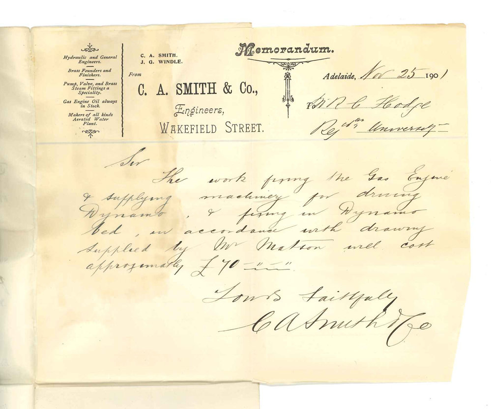 C A Smith and Company - Adelaide - Submitting price for fixing Gas Engine and Dynamo