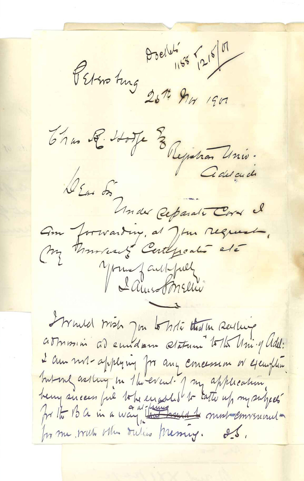 James Smellie - Petersburg - Forwarding certificates in support of application for admission ad eundem statum