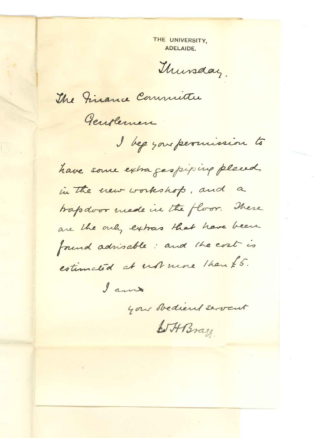 Professor William Henry Bragg - The University - Asking for extra gas piping for new workshop and a trap door in the floor