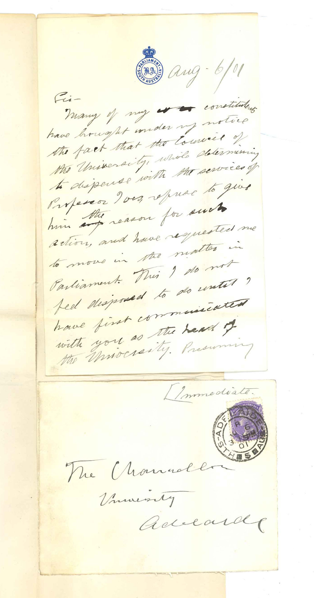 Hon Andrew Alexander Kirkpatrick -Parliament of South Australia - to the Chancellor &acirc; Termination of Professor Ives&acirc;s engagement with the University