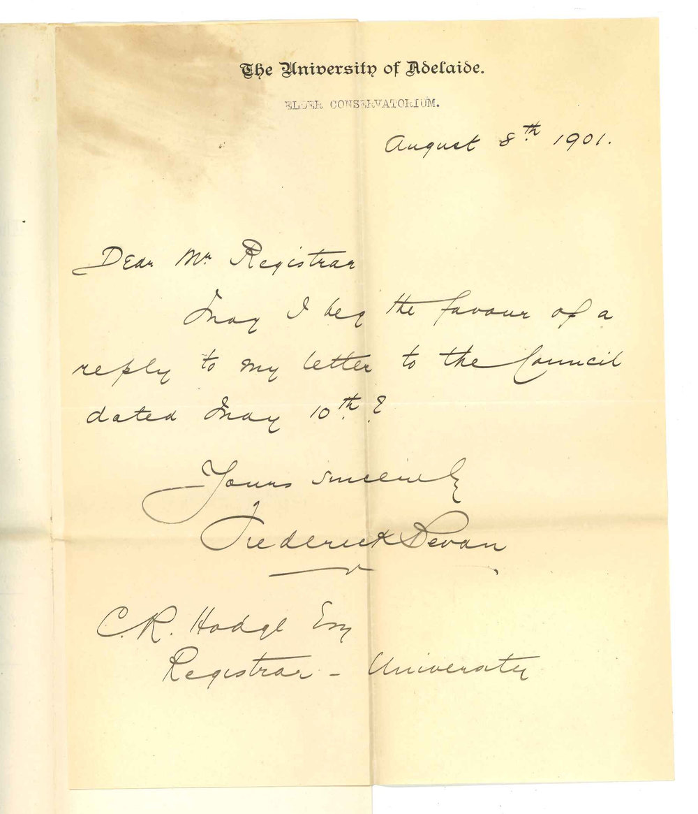 Frederick Bevan - The University - Conservatorium - Asking for reply to letter of 10 May