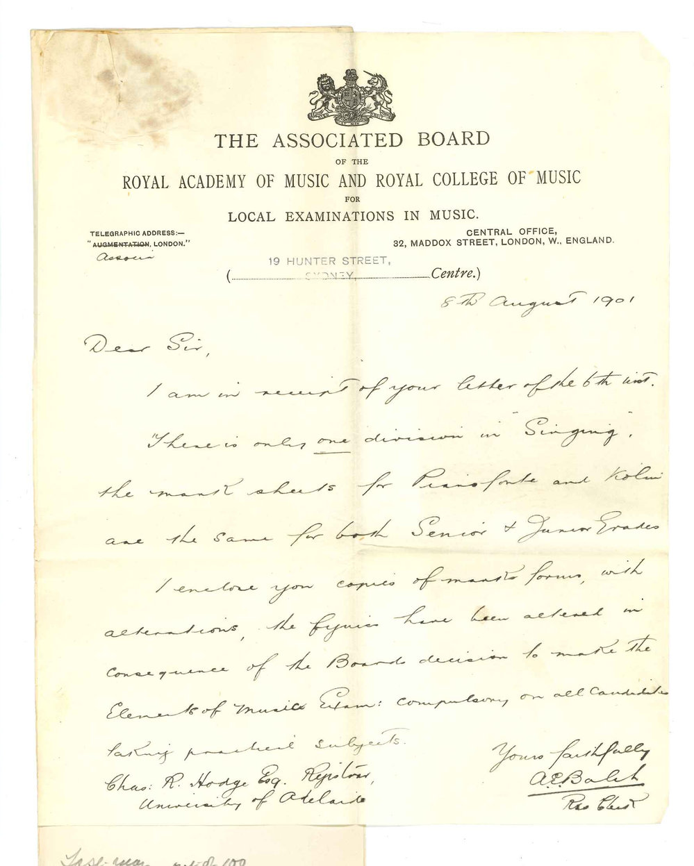 A E Balch - Resident Clerk - The Associated Board - Sydney - Forwarding marking sheets