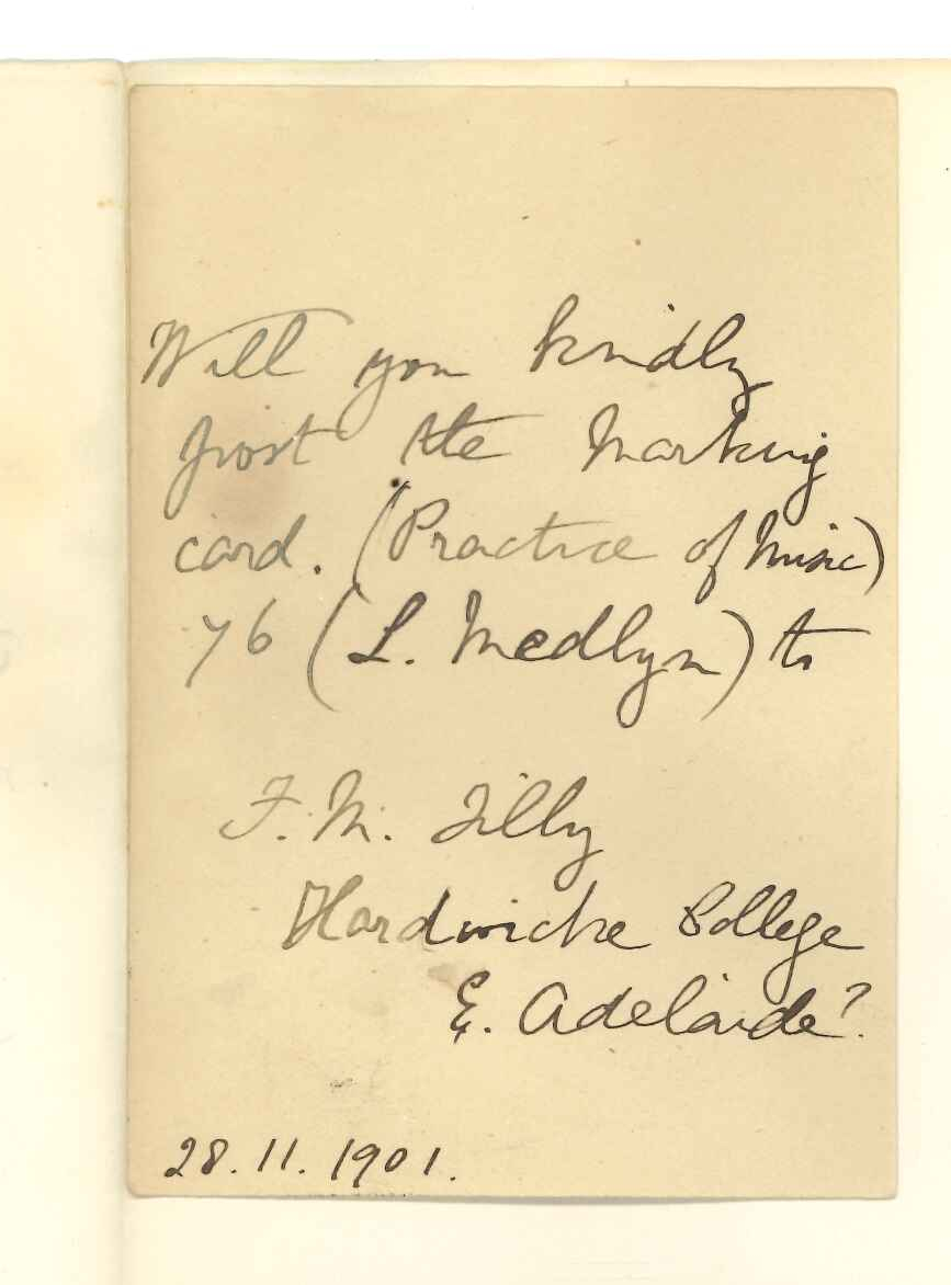 Miss F M Tilly - Hardwicke College - East Adelaide - Requesting Card of Marks for Music Examination