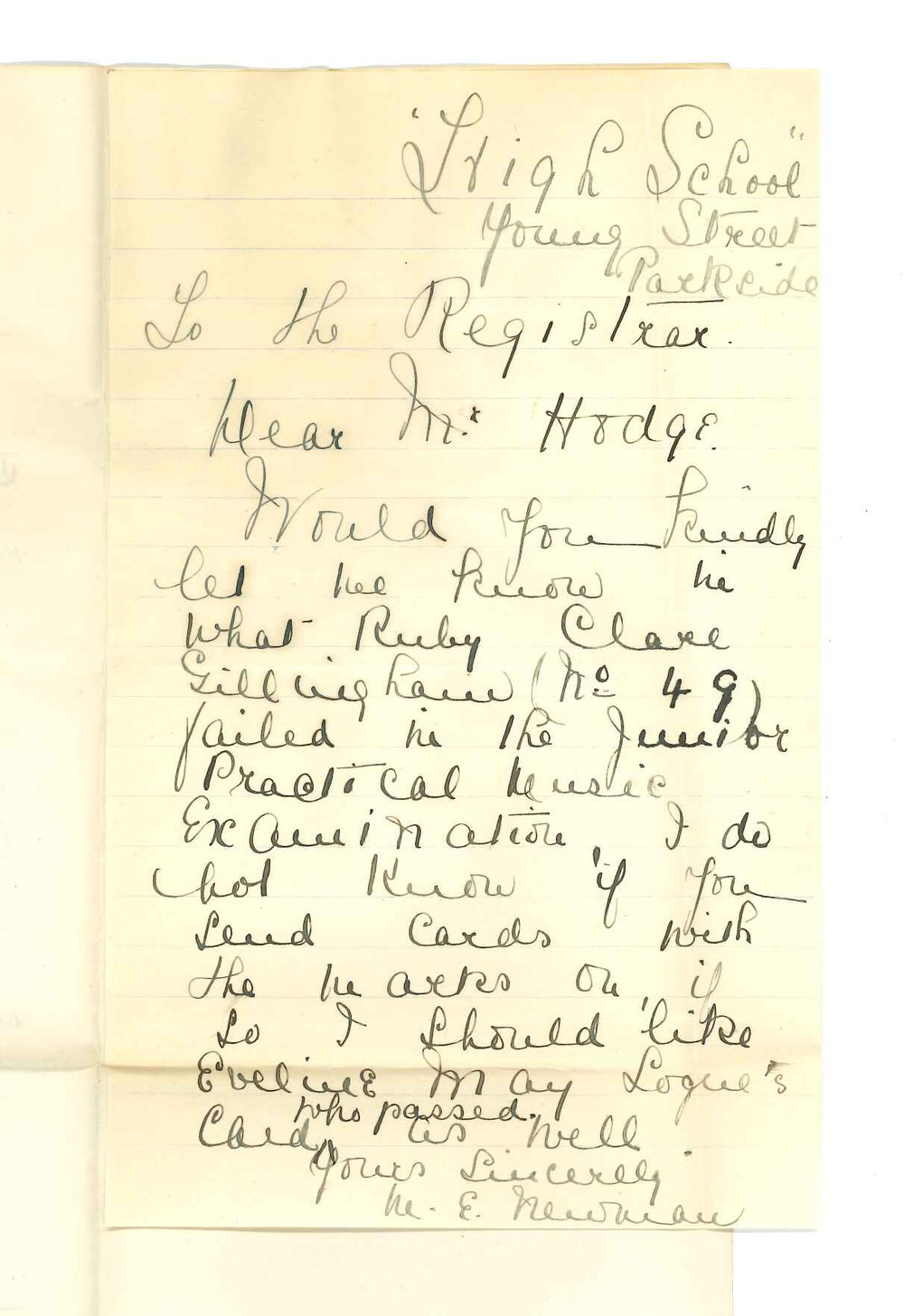 Miss M E Newman - Parkside - Requesting Cards of Marks for Junior Practice of Music Examination