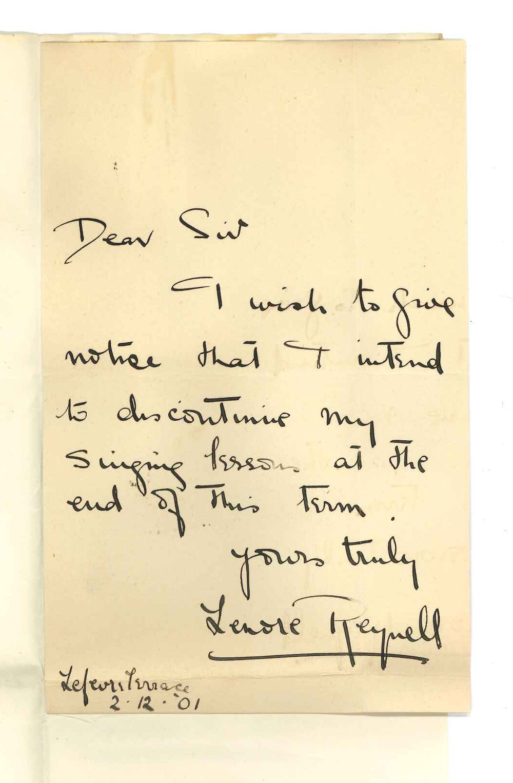 Miss Lenore Reynell - North Adelaide - Discontinuing lessons at the Conservatorium