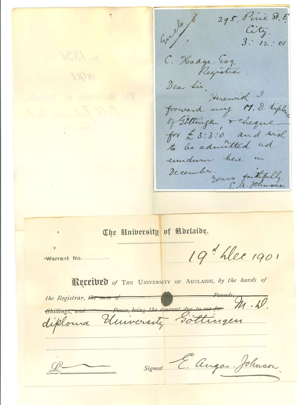 Edward Angas Johnson M D - Adelaide - Application for admission ad eundem gradum