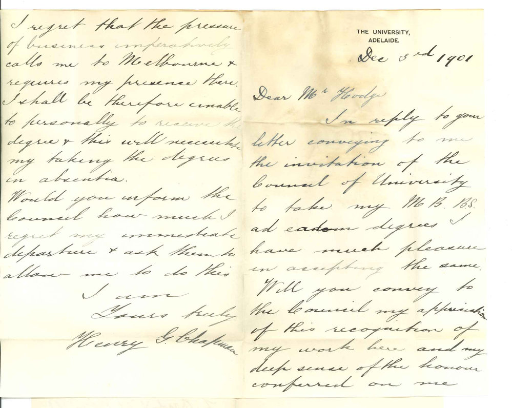 Henry G Chapman MB - Adelaide - Will accept ad eundem gradum degree