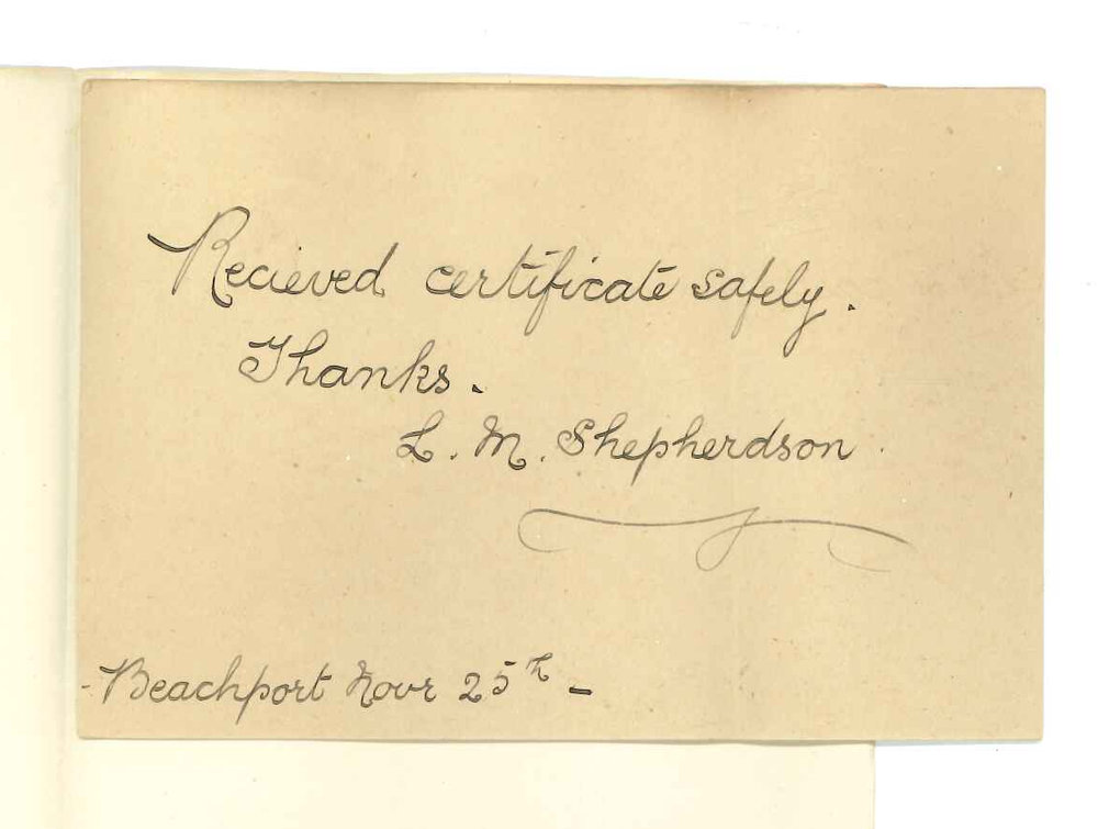 Miss Lilian May Shepherdson - Beachport - Acknowledging receipt of Certificate
