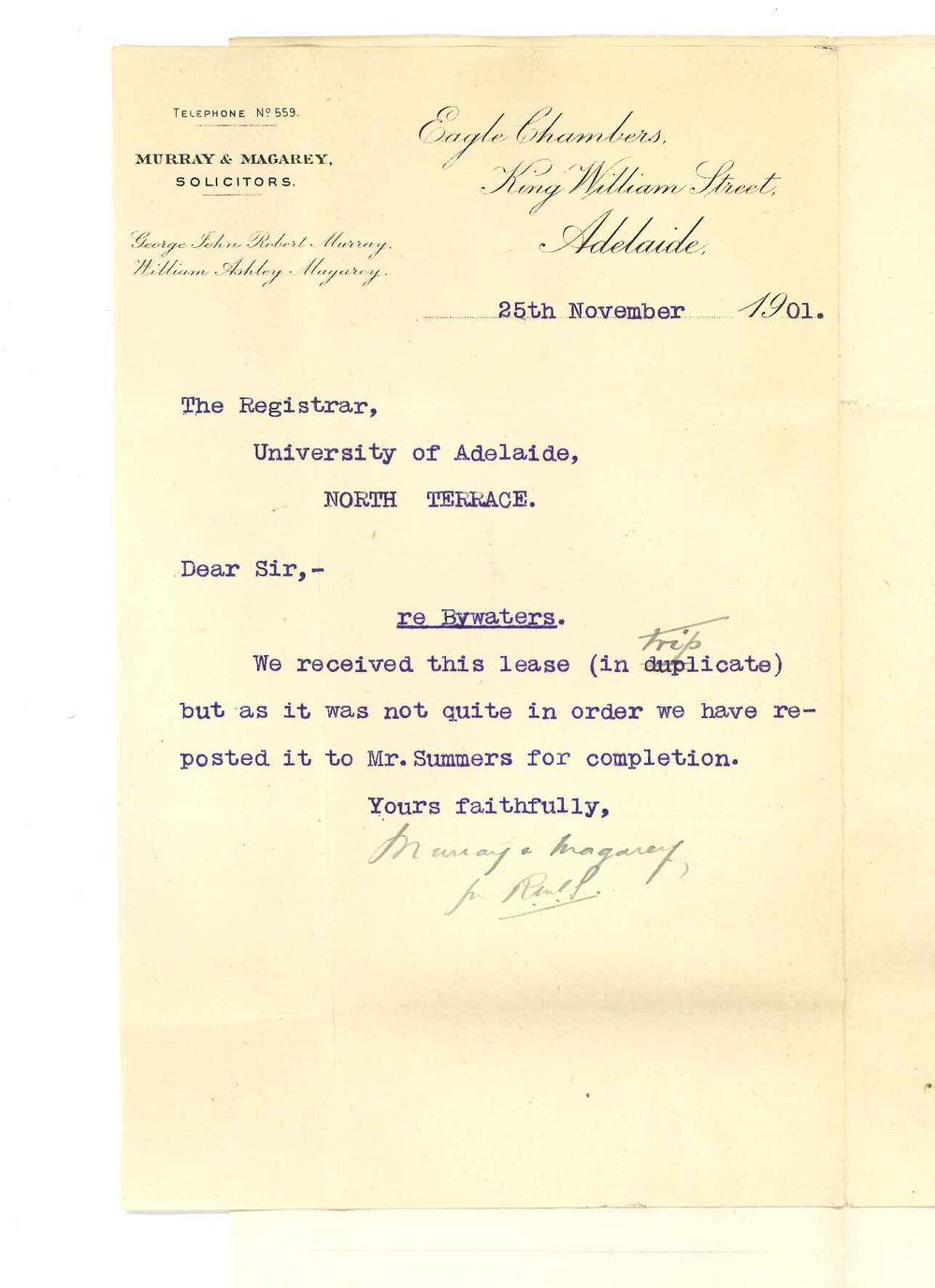 Murray and Magarey - Adelaide - Regarding Mr Bywaters lease