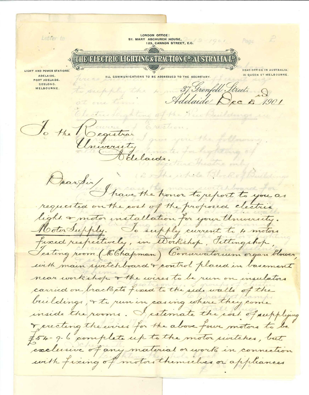 F W H Wheadon - Adelaide - Forwarding report on the cost of electric light and motor installation for the University
