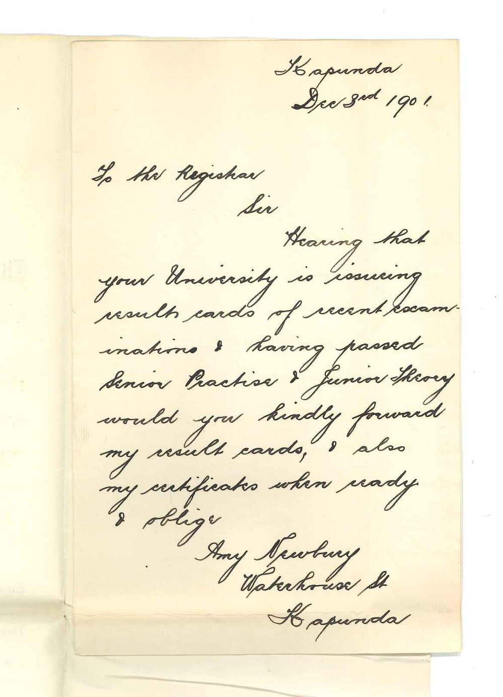 Miss Amy Newbury - Kapunda - Requesting Certificate and Card of Marks for Music Examinations