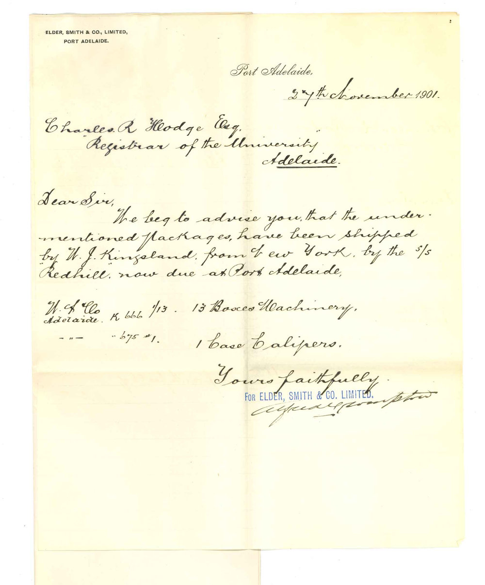 Elder Smith and Company Limited - Port Adelaide - Advising packages shipped per S S Redhill by U J Kingsland from New York