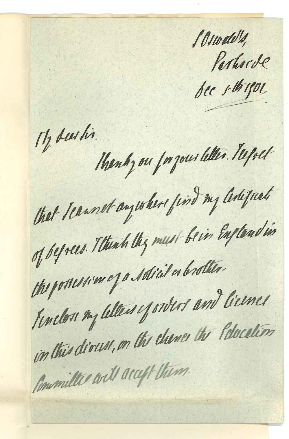 Reverend John Hussey MA - Parkside - Forwarding evidence of graduation