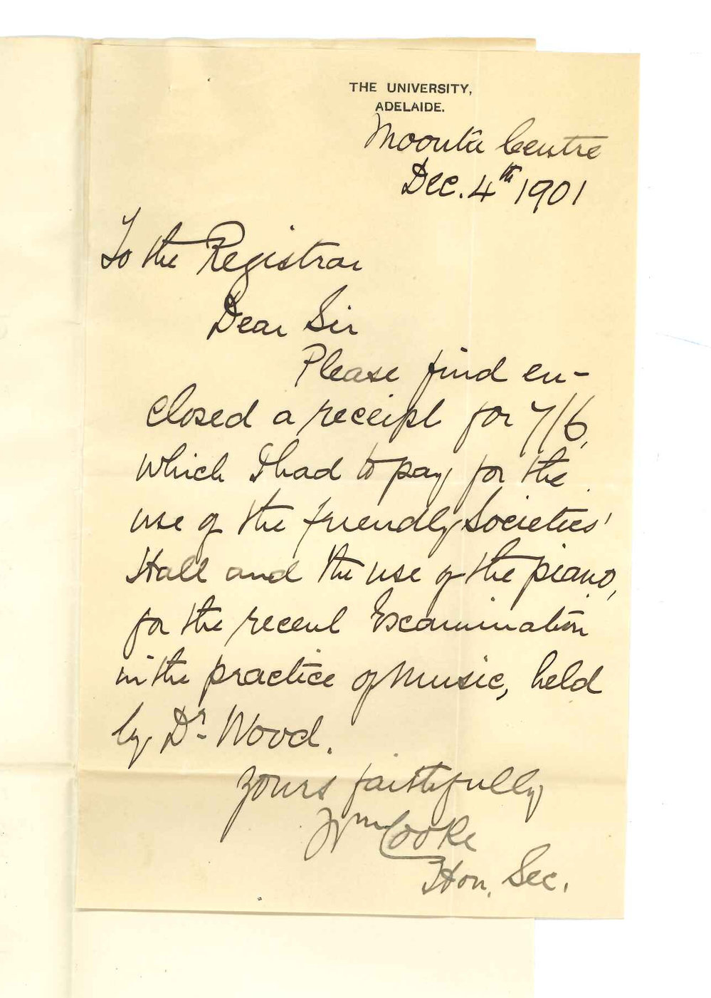William Cooke - Moonta Centre - Forwarding a receipt of an account for use of hall and piano for Practice of Music Examination