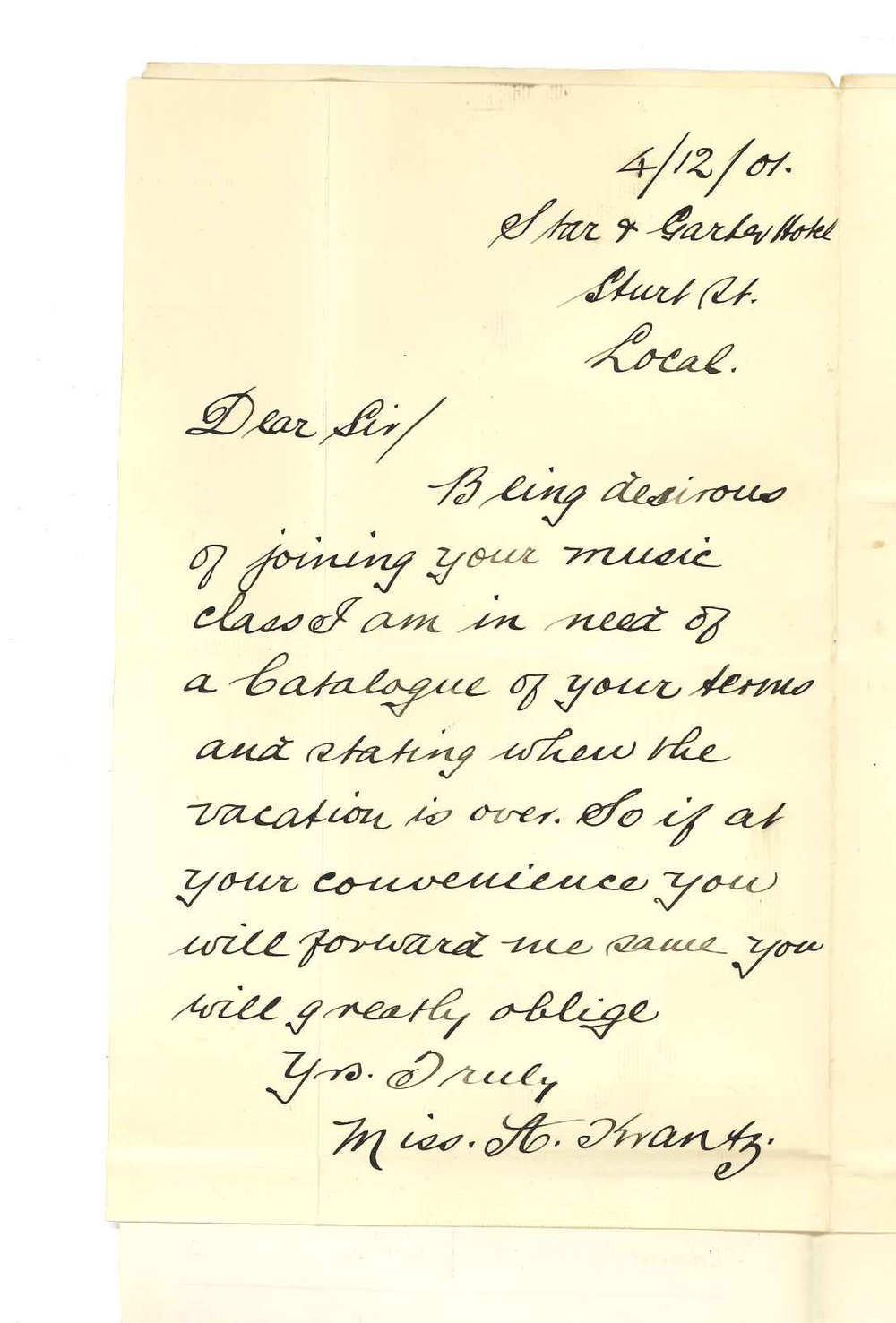 Miss A Krantz - Adelaide - Requesting particulars of Music Class