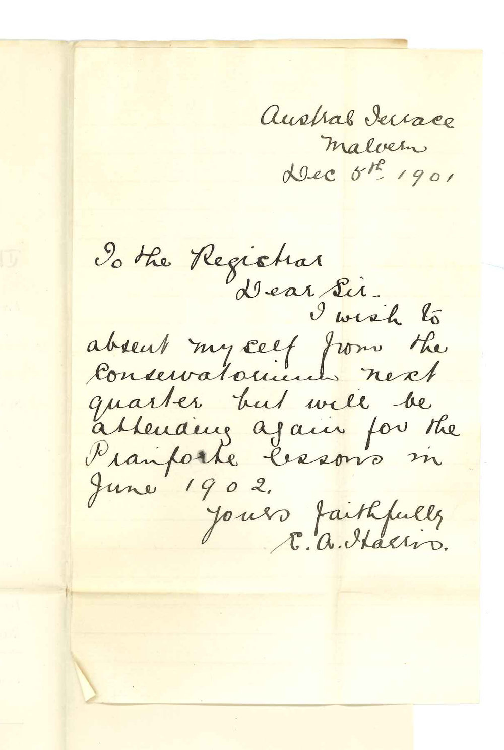 Miss E A Harris - Malvern - Discontinuing lessons at Conservatorium