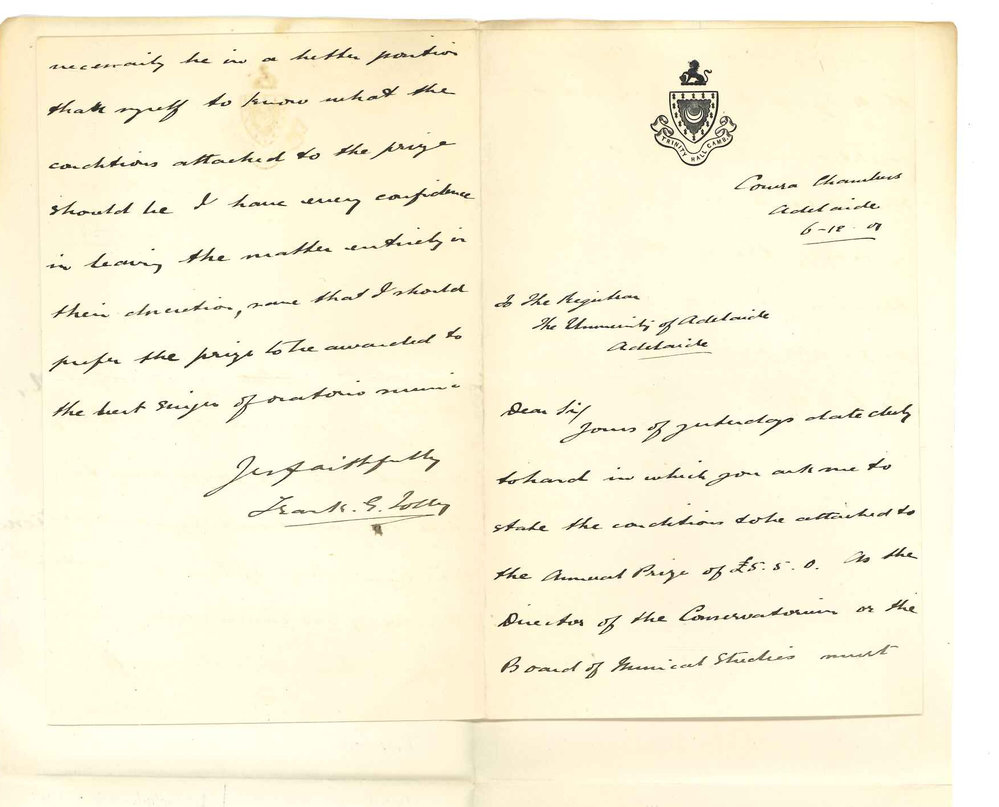 Frank G Tolley LLM - Cowan Chambers - Adelaide - Concerning conditions of the Annual Prize for the Best Singer of Oratorio Music